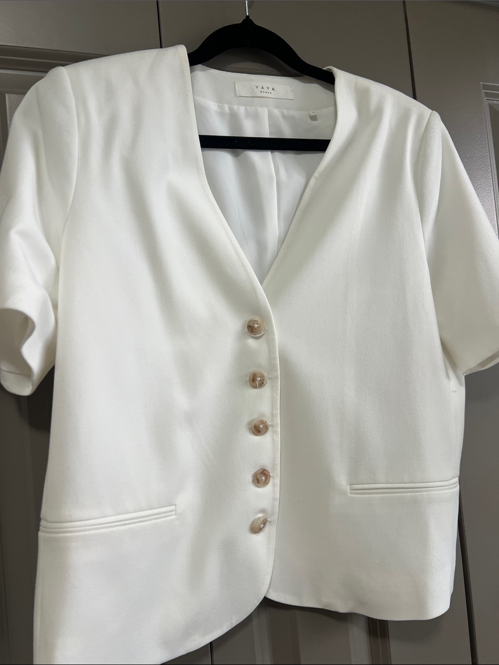 YAYA Women White Short Sleeve Blazer | Size 40 | Button Front Career Jacket